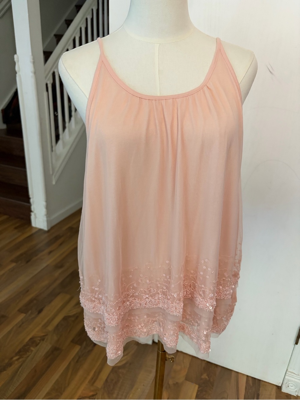 LOFT Blush Pink Beaded Layered Going Out Tank Top, Large, Like New